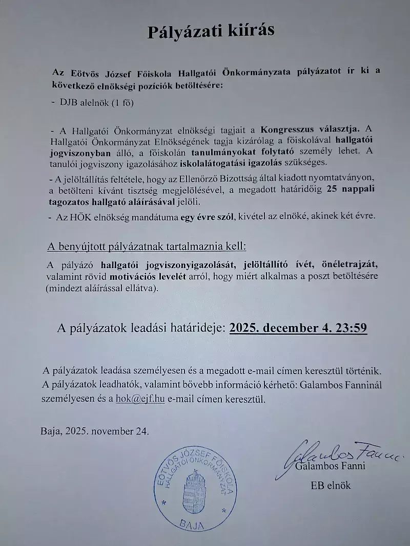 HÖK pályázati kiírás