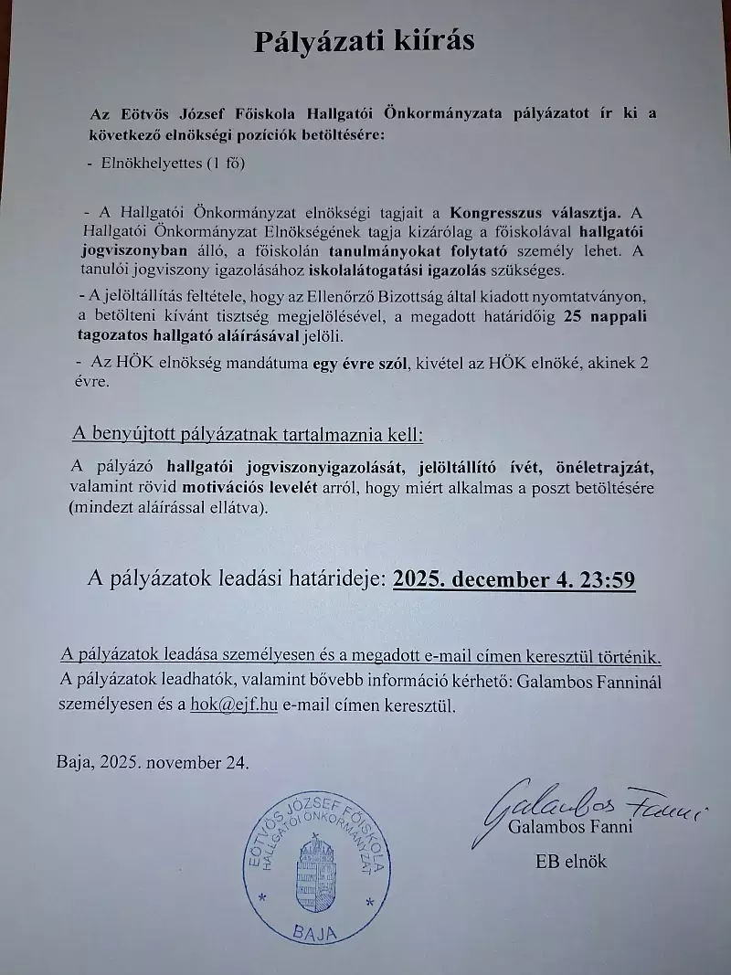 HÖK pályázati kiírás