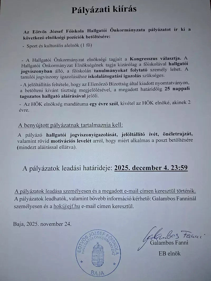 HÖK pályázati kiírás