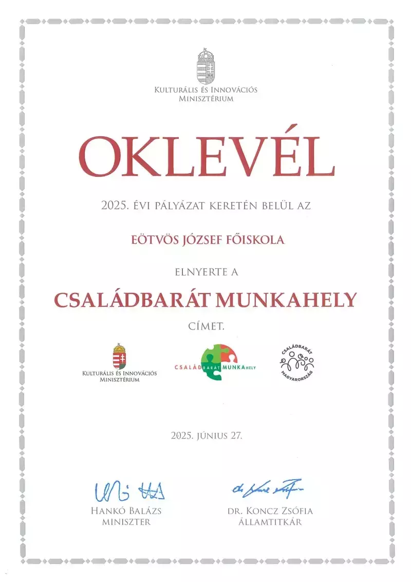 Családbarát munkahely címet kapott az Eötvös József Főiskola